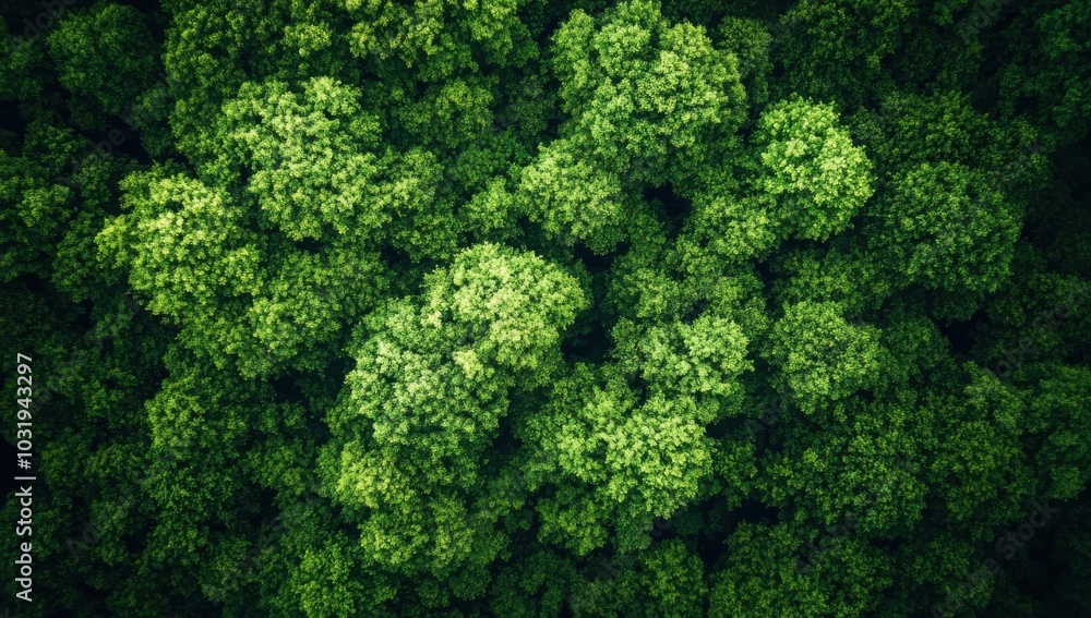 Poster a lush green forest with trees of various sizes. the trees are densely packed and the leaves are a v