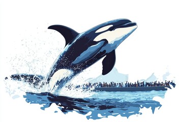 Obraz premium A blue and white whale is leaping out of the water. The scene is lively and full of energy, with a large group of people watching the whale from the shore. The image captures the excitement