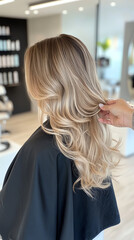 Stylish long blonde hair in a salon setting