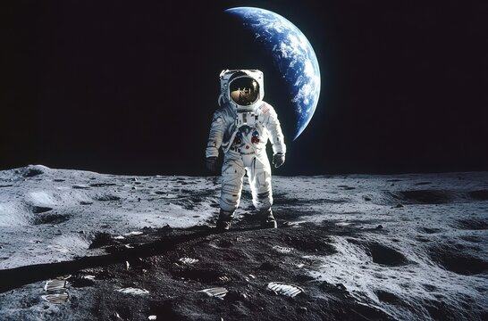A man in a spacesuit stands on a rocky surface in front of a large planet. Concept of exploration and adventure, as the astronaut is ready to embark on a journey to the unknown