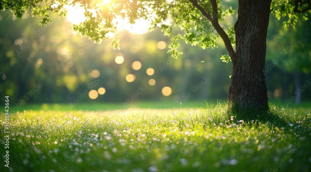 Poster a tree is in a field of grass with sunlight shining on it. the scene is peaceful and serene