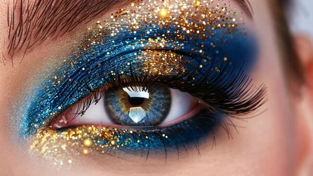A close-up of a woman's eye with blue and gold eyeshadow and glitter