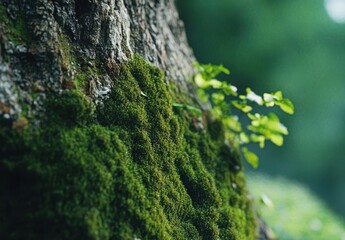 A tree covered in moss and green leaves. The moss is covering the tree trunk and branches