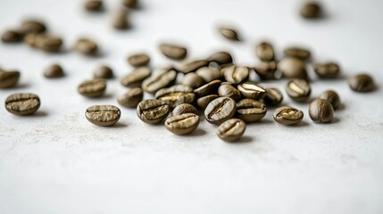 Obraz premium Fresh green coffee beans scattered on a white surface, with a few beans in focus to highlight their smooth texture and vibrant color.