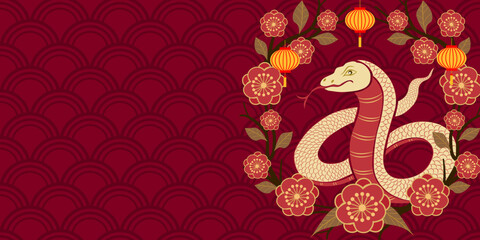 New year 2025 year of the Snake. Red nake decorated with plum blossom vector and decorated with Chinese lanterns on red background.