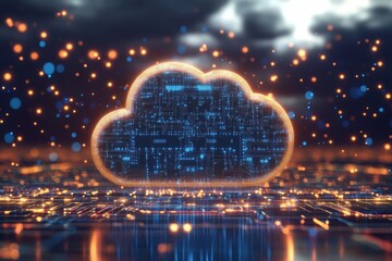 Fototapeta premium A glowing cloud of computer code is floating above a city. Concept of technology and innovation, as well as the idea of a vast network of interconnected systems