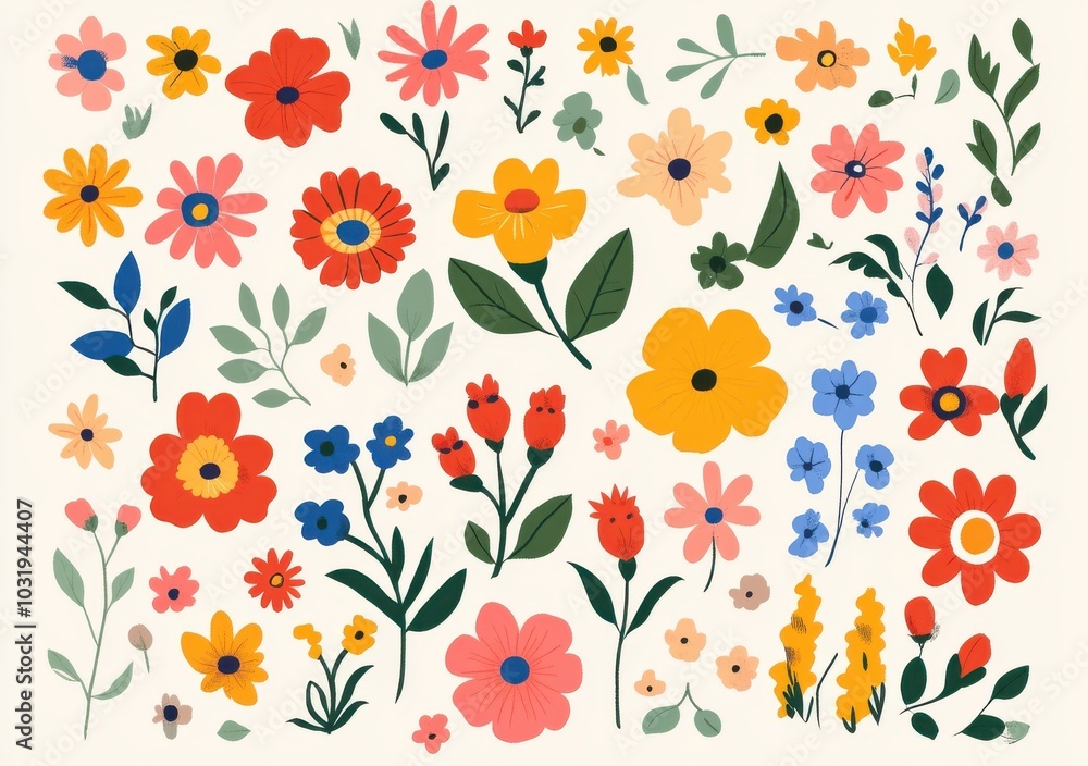 Poster a colorful flower pattern with many different types of flowers. the flowers are arranged in a way th