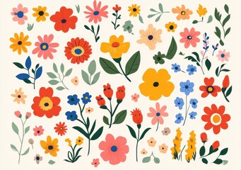 Fototapeta premium A colorful flower pattern with many different types of flowers. The flowers are arranged in a way that creates a sense of harmony and balance. Scene is cheerful and uplifting, as the bright colors