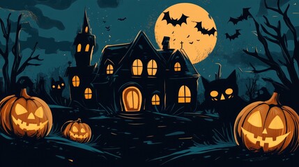 Halloween night with a creepy old house, carved pumpkins, bats, and a black cat, all in a dark, whimsical style.