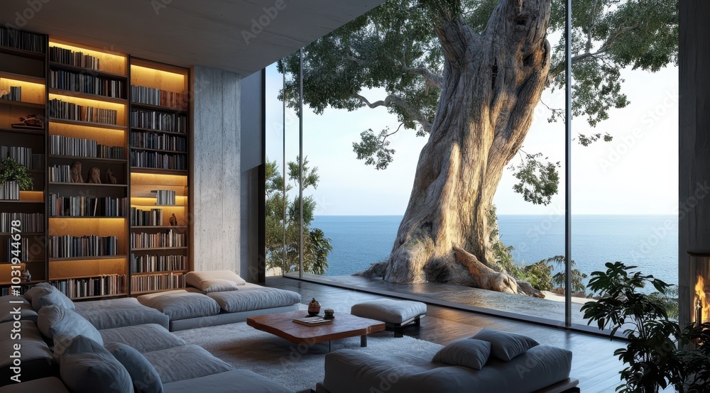 Aufkleber a large tree is visible in the background of a living room with a view of the ocean. the room is fil