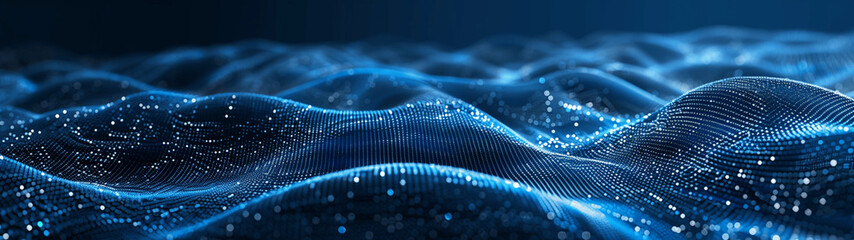 Abstract digital landscape of glowing blue waves made of data points. Banner or header