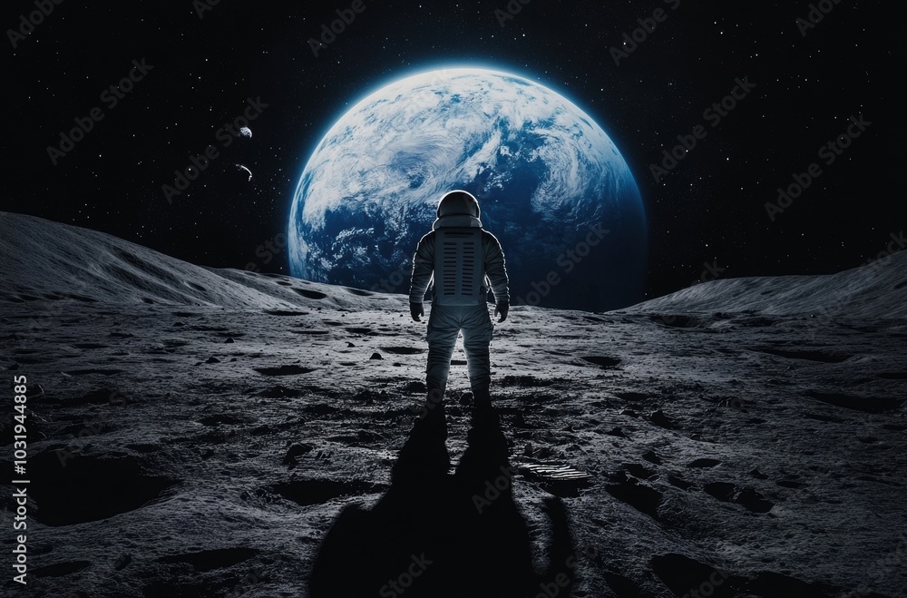 Poster a man in a spacesuit stands on a moon-like planet. concept of adventure and exploration, as the astr