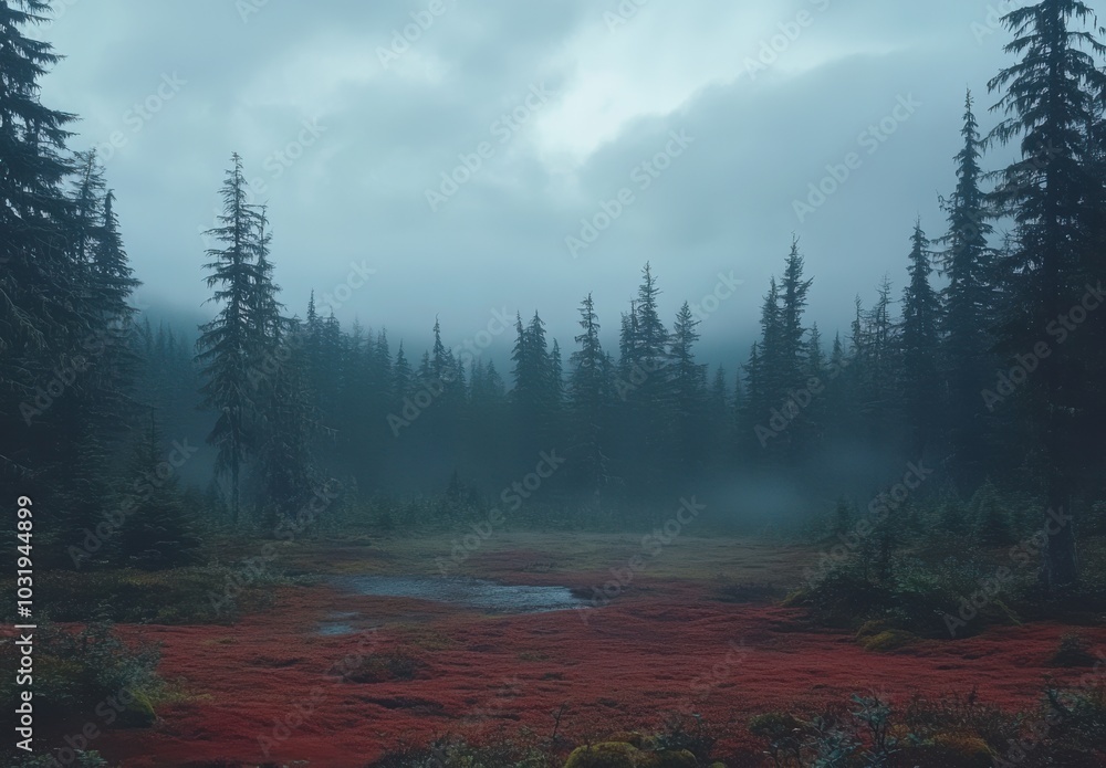 Poster a serene forest scene with a foggy sky and a red field. the trees are tall and spread out, creating 