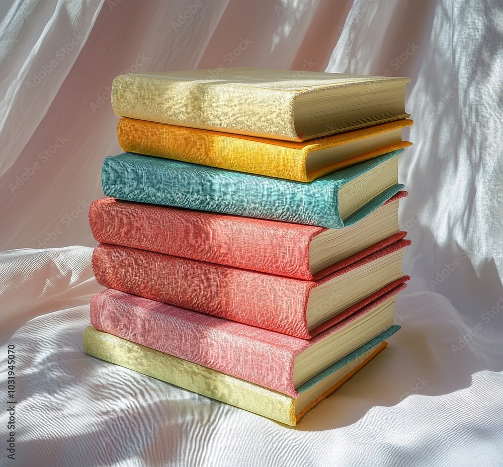 Poster a stack of colorful books resting on a flat surface with varying textures and sizes