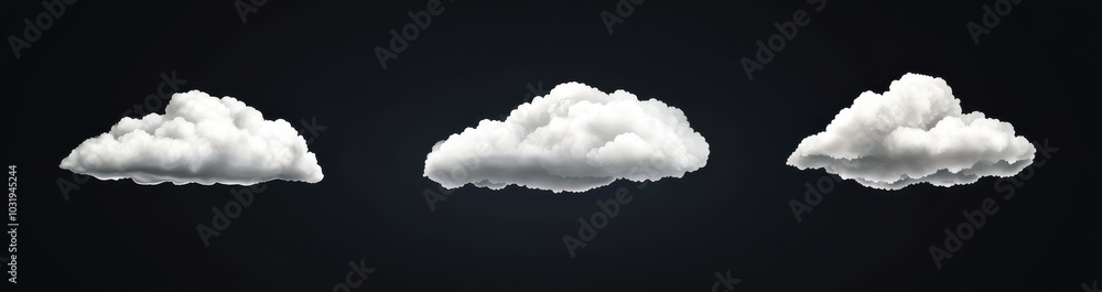 Poster three clouds in a row, each one slightly different in size and shape. the clouds are all white and a