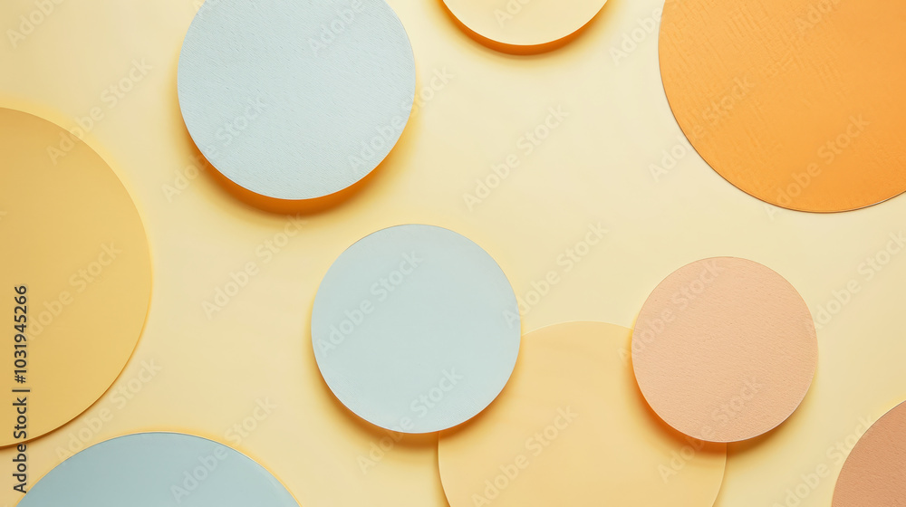 Wall mural aesthetic pastel minimalist background with paper circles, dots of different colours. web banner tem