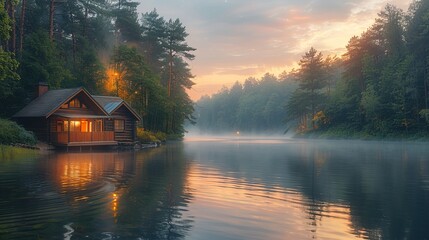 Fototapeta premium A serene lakeside cabin at dawn, surrounded by misty trees and calm waters.