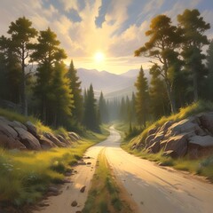 Obraz premium illustration of empty road with wild landscape around.