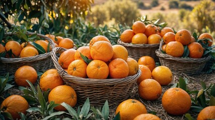 Orange tree harvest, vibrant orange trees laden with ripe fruit, baskets filled with freshly picked oranges, hand-picking oranges from branches