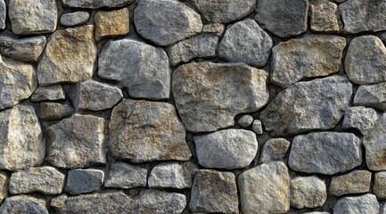 Fototapeta premium A wall made of gray stones. The wall is made of many different sized stones. The wall is very rough and has a lot of texture