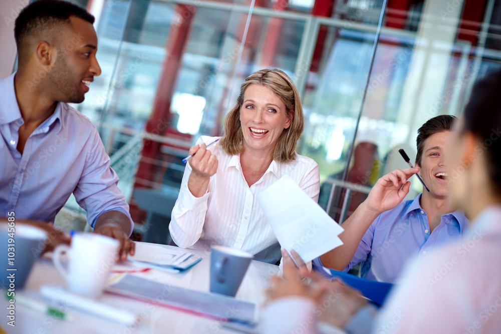 Poster business people, collaboration and happy from with team consulting and management of office staff. d
