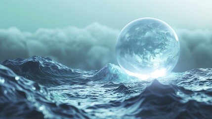 An isolated, luminous sphere hovering above a dynamic, textured surface.