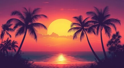 A beautiful sunset over the ocean with palm trees in the background. The sky is a mix of orange and pink hues, creating a warm and serene atmosphere. The palm trees add a tropical touch to the scene