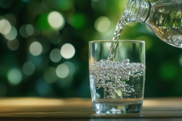 A glass of water is being poured into it. The water is clear and the glass is half full