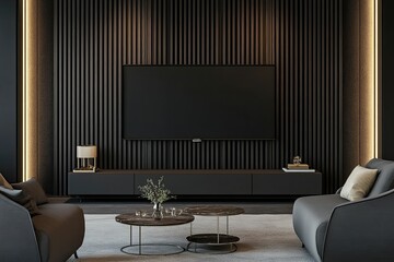 dark grey and ivory luxury home cinema room with vertical wooden panels, modern large led tv and elegant lamps 