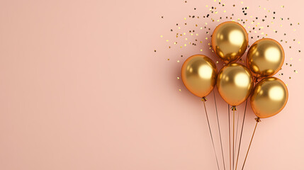 Obraz premium A collection of five elegant golden balloons on a soft pink background, perfect for celebrations and festive occasions.