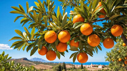 Colourful branch of orange tree with fruits against blue sky in a sunny day