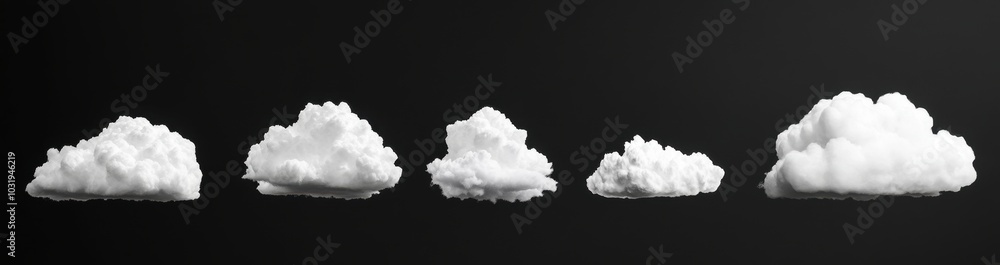 Poster a series of clouds in different sizes and shapes. the clouds are white and are scattered across the 