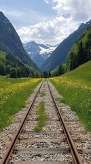 Tranquil railway tracks stretching through a vibrant valley under a blue sky in the mountains