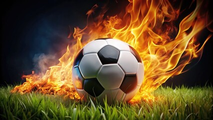 Fototapeta premium Fiery Football Frenzy: A Black and White Soccer Ball Ablaze on Lush Grass - Captivating Candid Photography Moment