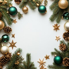 Festive arrangement of green and gold ornaments with pine branches for holiday celebrations