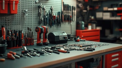 Obraz premium Tools and Equipment on a Workbench in a Garage