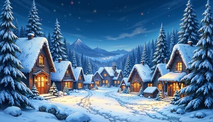 Fototapeta premium Winter village landscape at night with cozy cabins in a snowy forest