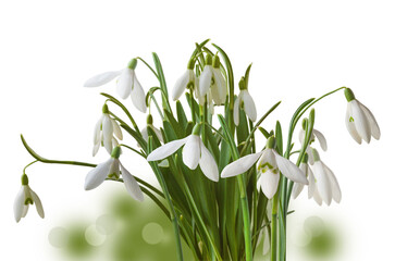 Group of blooming snowdrops (galanthus) on a blurred background.