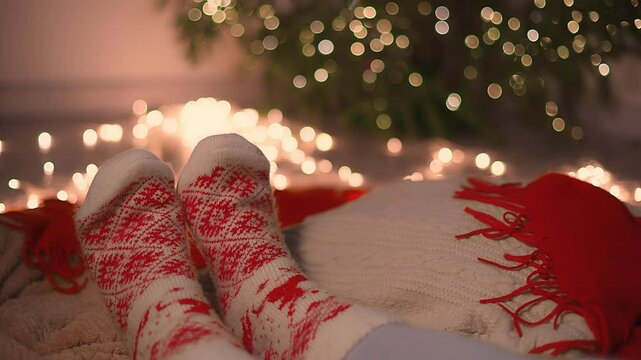A cozy holiday evening, relaxing on the couch, dancing feet wearing Christmas socks on, by the Christmas tree.