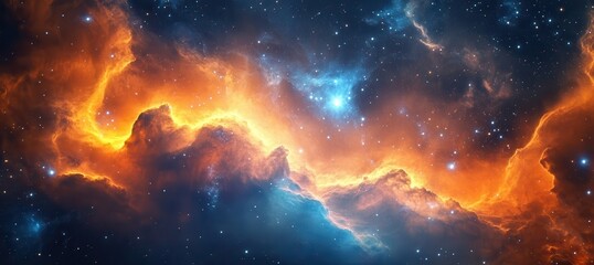 A vibrant and colorful space scene with orange and blue clouds and stars. The orange clouds are...