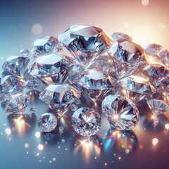 Create a luxurious scene featuring a collection of sparkling diamonds on a soft gradient background. Each diamond should exhibit intricate cuts, reflecting light in a dazzling array of colors. Highlig