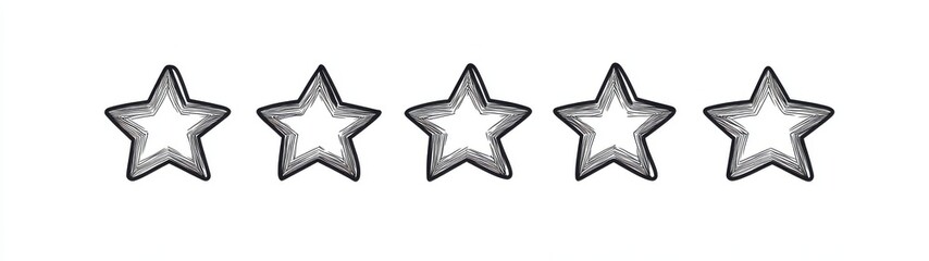 Obraz premium A row of five stars with a black outline. The stars are drawn in a stylized way, with a slightly rough texture. Scene is simple and elegant