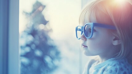 Young child wearing blue glasses focusing on distant tree outside window, symbolizing myopia prevention and importance of outdoor activities.