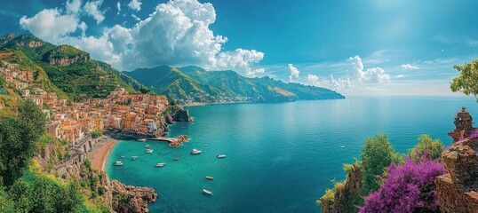 A beautiful view of the ocean with a small town in the background. The sky is cloudy but the sun is shining through