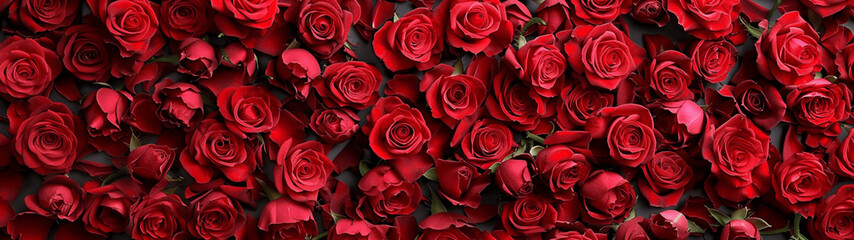 Obraz premium Red roses in full bloom creating a lush floral arrangement. Banner or header