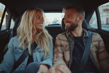 Loving European couple sitting at front seats with fasten belts in their car, holding hands and smiling to each other. Tourism, trip, journey, Generative AI