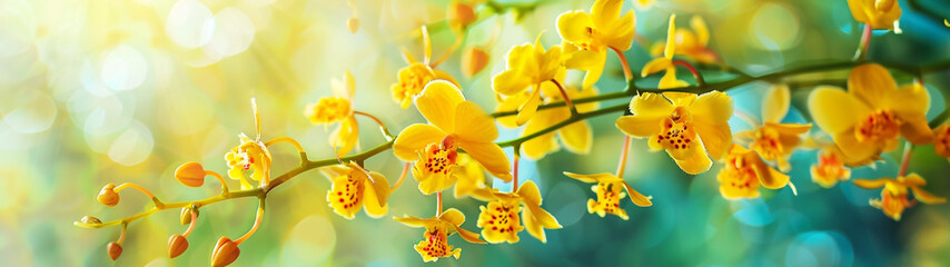 Fototapeta premium Bright yellow orchid flowers in soft sunlight with a blurred natural background. Banner or header