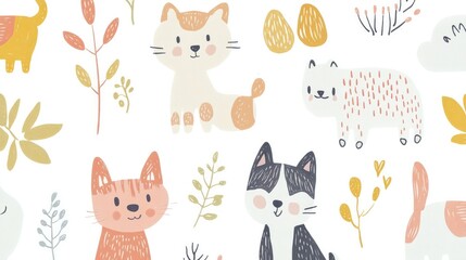 Whimsical wallpaper for kids' rooms with pastel dog and cat illustrations, complemented by simple nature scenes on a white background.