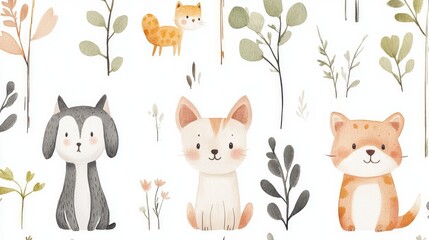 Naklejka premium Whimsical wallpaper for kids' rooms with pastel dog and cat illustrations, complemented by simple nature scenes on a white background.