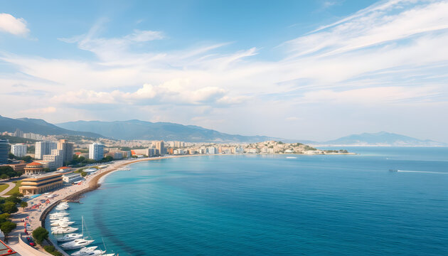 A panorama view along the seafront at Vlore in Albania in summertime isolated with white highlights, png